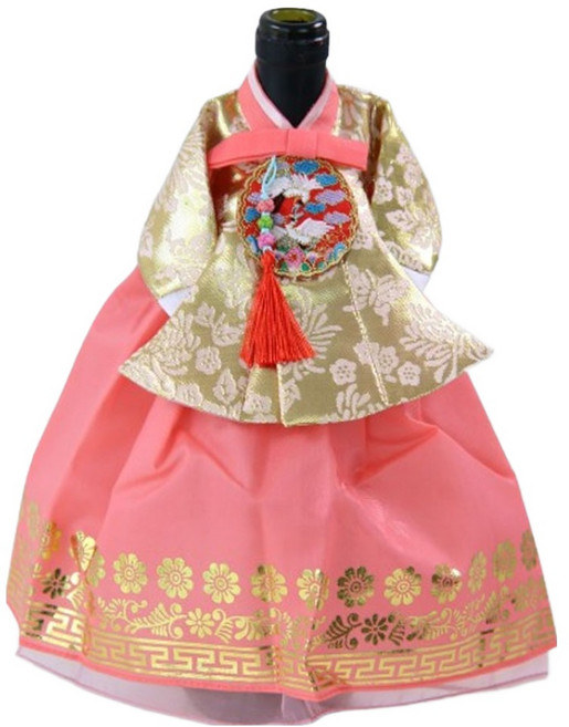 해피툴 전통 궁중한복 기하문 와인커버, 골드저고리 기하문금박피치치마, 1개