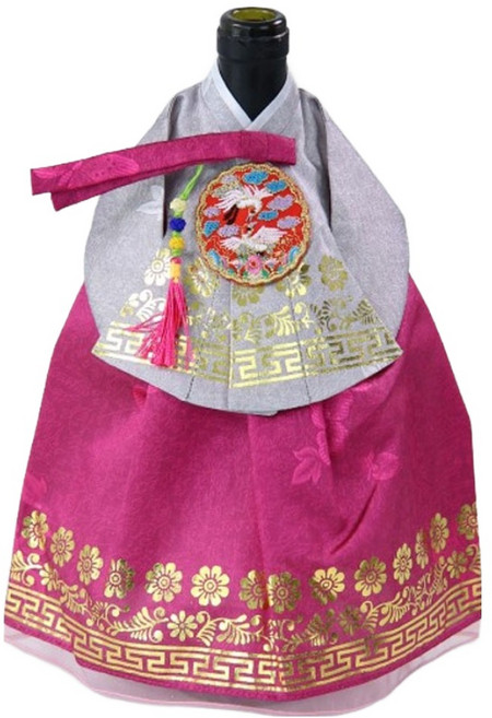 해피툴 전통 궁중한복 기하문 와인커버, 그레이저고리 기하문 금박 핑크치마, 1개