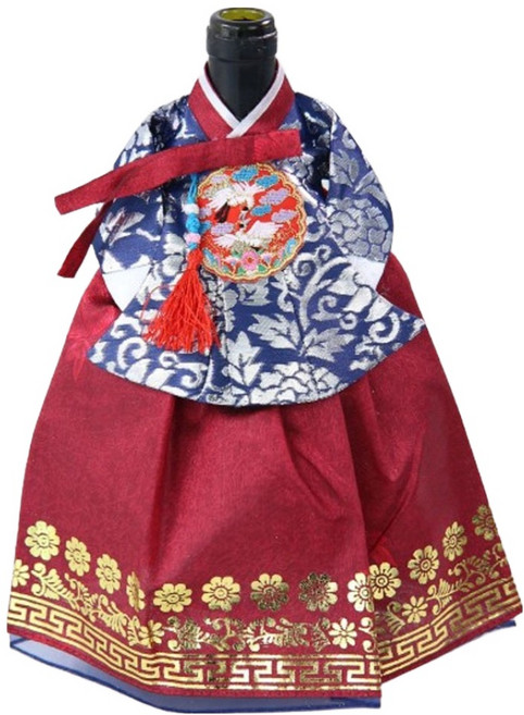 해피툴 전통 궁중한복 기하문 와인커버, 청저고리 기하문 금박 딥레드치마, 1개