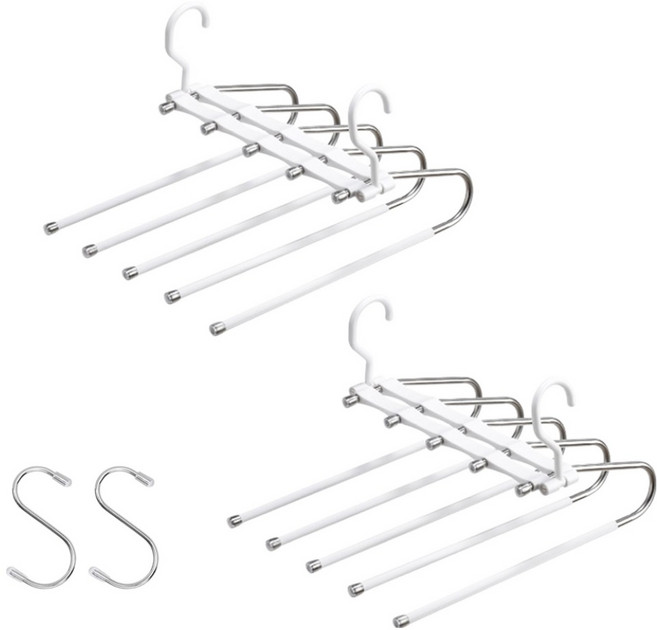 엠디유마켓 프리미엄 5단 접이식 바지걸이 + 스텐 S자 고리 세트, 화이트, 2세트