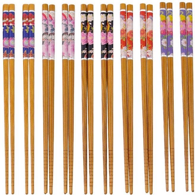 키친유 일식 대나무 패턴 젓가락 꽃무늬 10벌 세트, 브라운, 1세트, 젓가락 10쌍