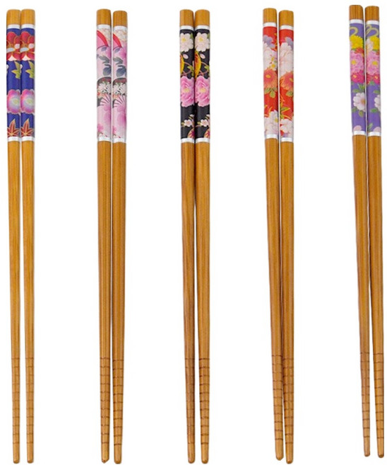 키친유 고급 일식 대나무 패턴 꽃무늬 젓가락 5종 세트, 브라운, 1세트, 젓가락 5p