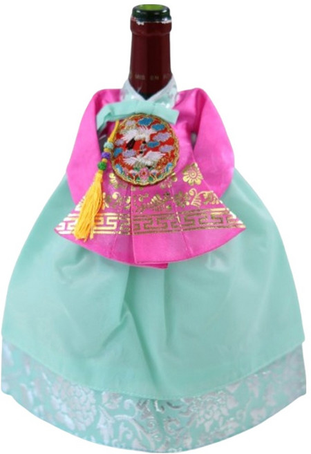 해피툴 궁중한복 꽃문양 와인커버, 꽃문양 옥색 은박 치마, 1개