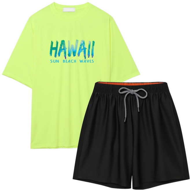 일루소 남성용 썬비치웨이브즈 오버핏 반팔 래쉬가드 + 4부 스판 비치 팬츠 세트, 형광그린(상의), 블랙(하의)