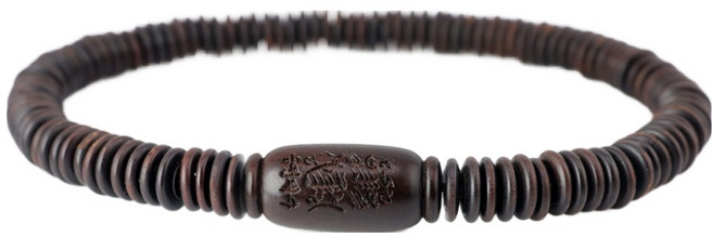 般若心經 辟邪木 唵字 符咒 扁平念珠手鍊 金錢財運符 18cm, 1個, 深棕色