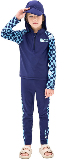 젤리스푼 아동용 디즈니 미키 마우스 보더체크 수영복 + 플랩캡 세트