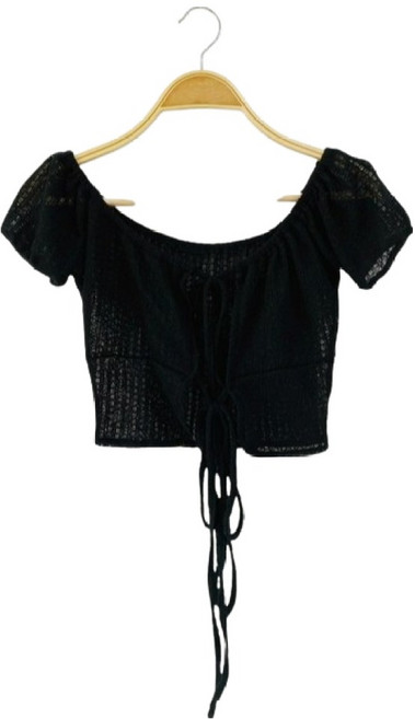 시크블랙 여성용 크라안 린넨 펀칭 리본 퍼프 반팔 볼레로 가디건 cpcd3518k54