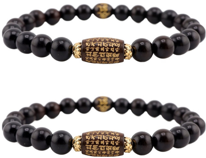 반야심 벽조목 삼존불 광명진언 한줄 염주팔찌 17.5cm, 짙은 갈색, 2개