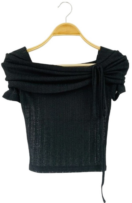 시크블랙 여성용 그리딩 러블리 펀칭 시스루 오프숄더 반팔 니트 cpnt5930k54