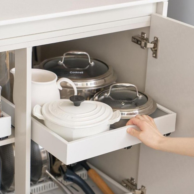 코드리빙 싱크대 하부장 무타공 슬라이딩 레일 길이조절 확장형 주방선반 M, 화이트, 3개