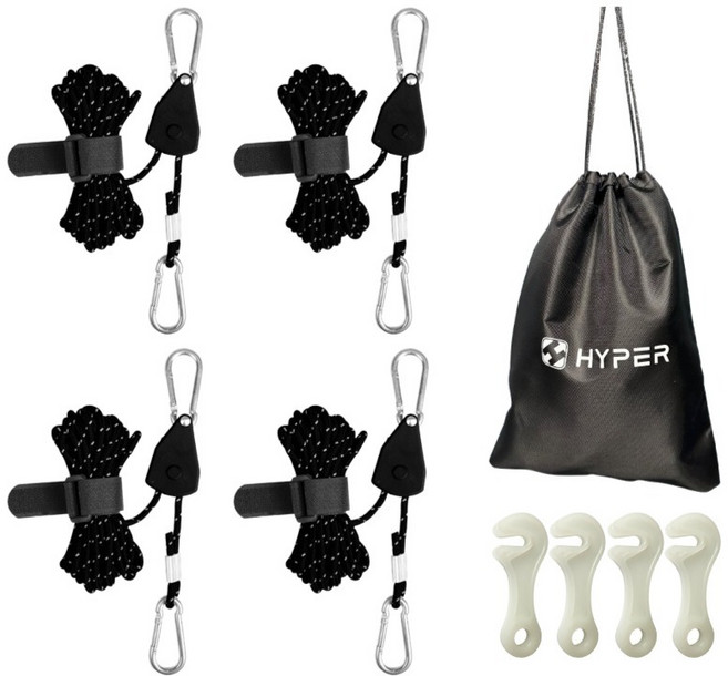 하이퍼 로프라쳇 4p + 4M 스트링 4p + 야광라인훅 4p + 파우치 세트, 블랙