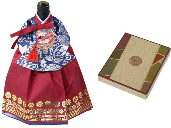 해피툴 전통 궁중한복 기하문 와인커버 + 선물 포장 박스, 청저고리 기하문금박딥레드치마, 1개