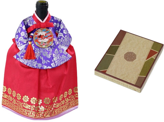 해피툴 전통 궁중한복 기하문 와인커버 + 선물 포장 박스, 퍼플저고리 기하문금박레드치마, 1개