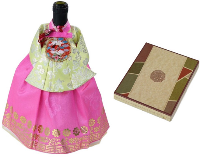 해피툴 전통 궁중한복 기하문 와인커버 + 선물 포장 박스, 겨자색저고리 기하문금박핑크치마, 1개