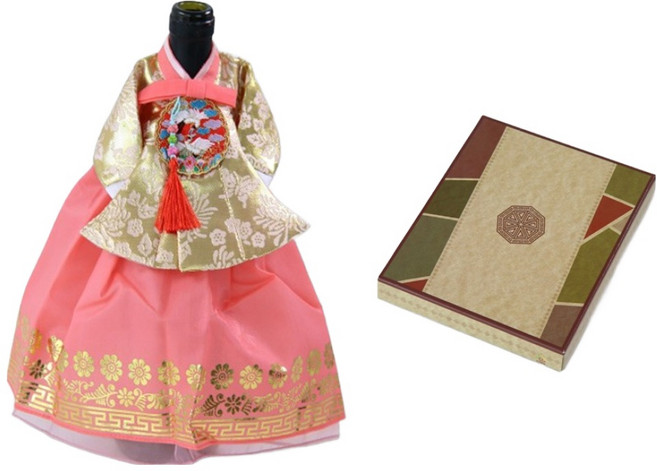 해피툴 전통 궁중한복 기하문 와인커버 + 선물 포장 박스, 골드저고리 기하문금박피치치마, 1개