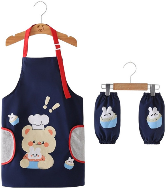 생활의지혜 아동용 미술 학원 방수 앞치마 가운, 베어 네이비