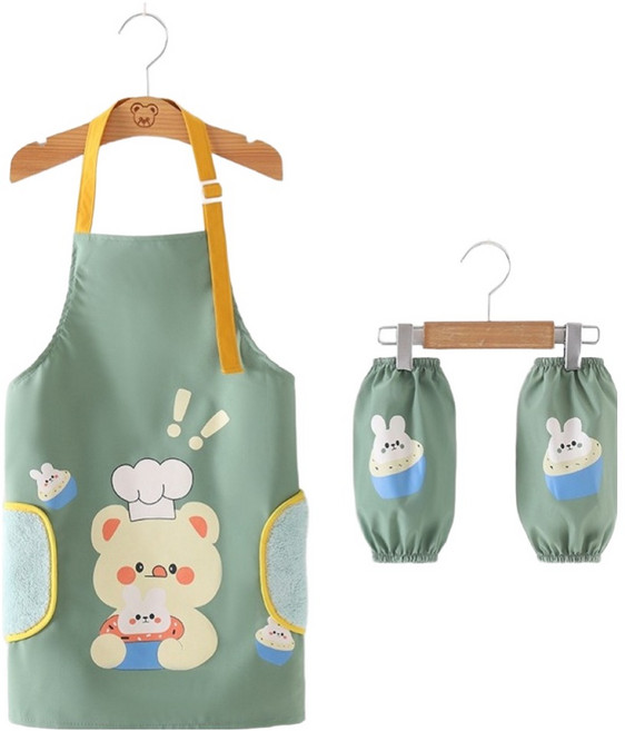 생활의지혜 아동용 미술 학원 방수 앞치마 가운, 베어 그린
