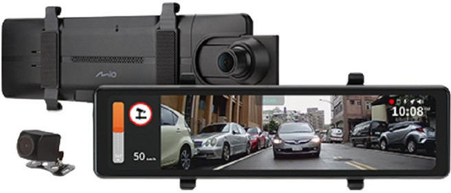 台灣 MiO MiVue 後視鏡型前後雙鏡GPS行車記錄器 前4K + 後1080p 附64G記憶卡 R810D, 防水後鏡頭組 + GPS接收器 + 分離式Type-C車用充電器 + 橡膠綁帶