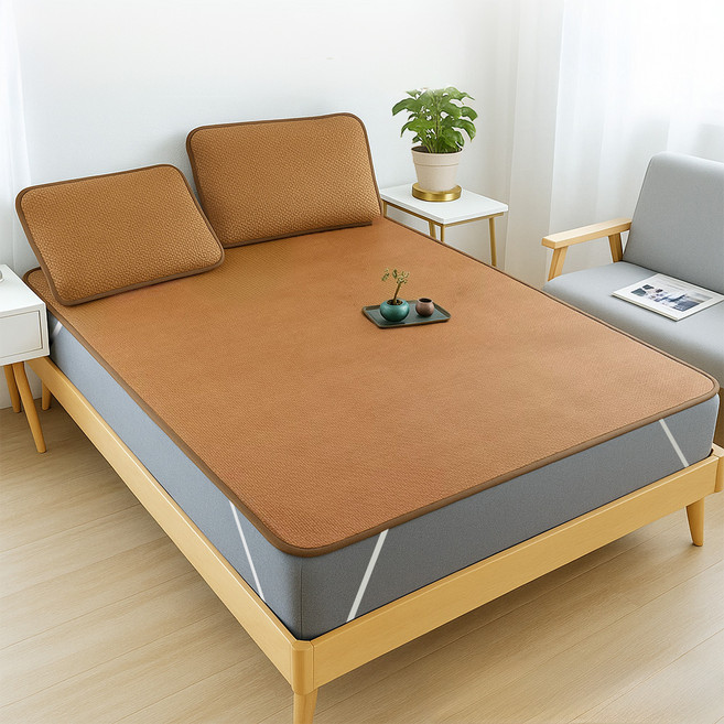 Amance 雅曼斯 經典亞藤涼蓆 + 枕蓆 2個, 涼感墊 + 涼感枕組, 楬黃色