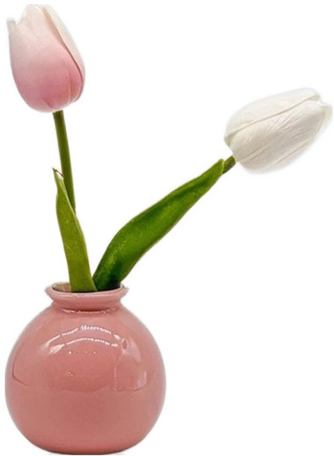 Floral M 花藝 仿真花 俏皮蜜桃粉鬱金香花禮, 1組, 粉色 + 綠色 + 白色