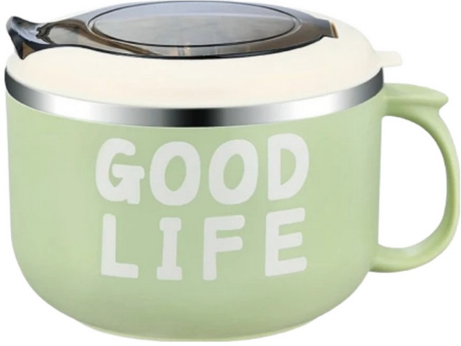 Couselect 304不鏽鋼透明蓋泡麵碗 雙層隔熱防燙碗 湯麵碗 15.7 x 19 x 12cm 1.3L, 1個, 綠色