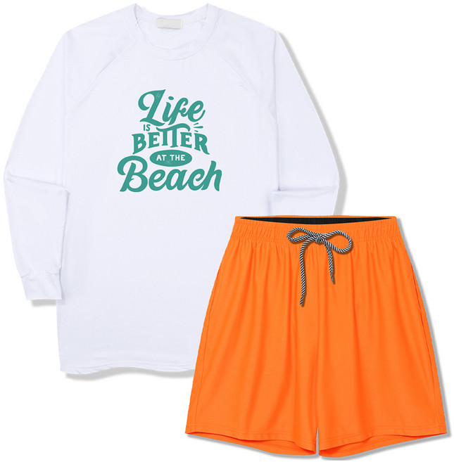 일루소 남성용 라이프이즈베러 오버핏 긴팔 래쉬가드 + 4부 스판 비치 팬츠 세트, 화이트(상의), 형광오렌지(하의)