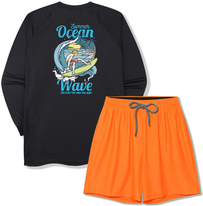 일루소 남성용 썸머오션 오버핏 긴팔 래쉬가드 + 4부 스판 비치 팬츠 세트, 블랙(상의), 형광오렌지(하의)