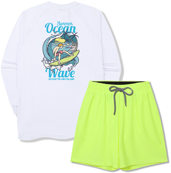 일루소 남성용 썸머오션 오버핏 긴팔 래쉬가드 + 4부 스판 비치 팬츠 세트, 화이트(상의), 형광그린(하의)