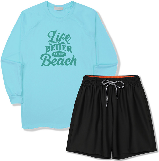 일루소 남성용 라이프이즈베러 오버핏 긴팔 래쉬가드 + 4부 스판 비치 팬츠 세트, 민트(상의), 블랙(하의)