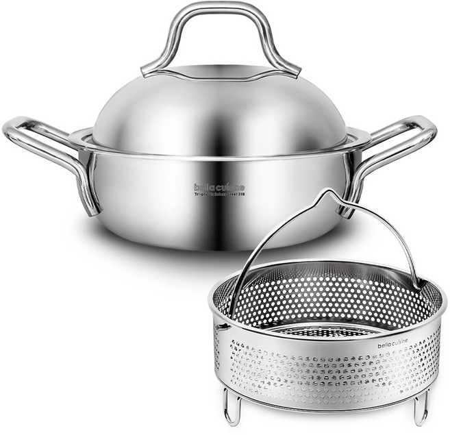 벨라쿠진 316 스텐 통3중 미니 멀티웍 찜기 + 전골냄비 세트, 20cm, 1세트