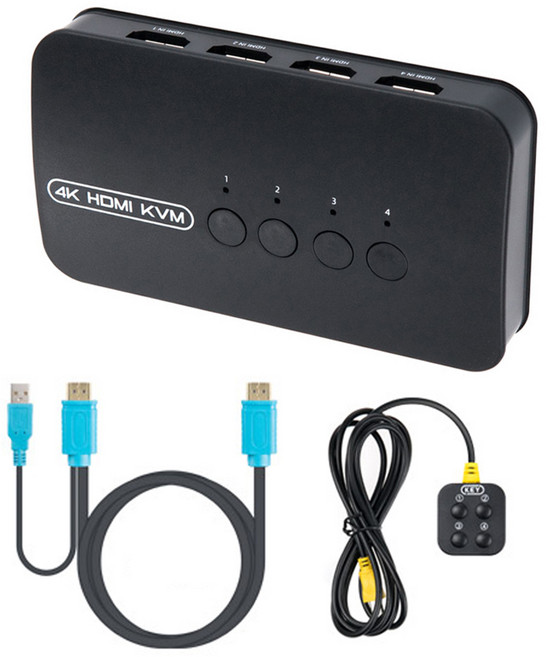 와이텍 4포트 HDMI KVM 스위치 선택기 USB 3포트 전용케이블 + 유선 리모컨 세트, 1세트, YT-KVM41HDA