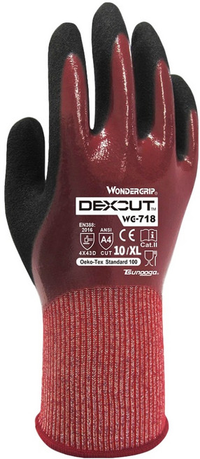 WONDER GRIP 多給力 DEXCUT® D級防油防水防割工作手套 WG-718 XL 雙手通用, 紅色 + 黑色, 1雙
