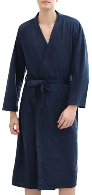 YUNMI 薄款華夫格成人浴袍 XL, 1件, 藏青色
