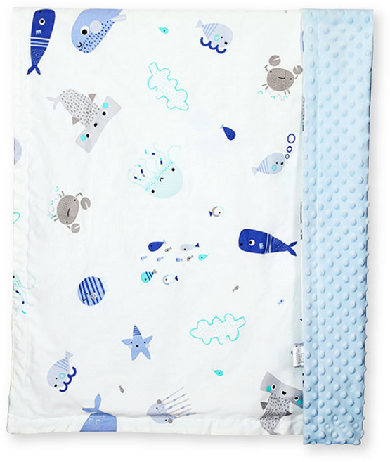 OhBabyLying 讓寶寶躺躺 荳荳毯 秋冬夾棉純棉加絨款, 藍底海洋動物
