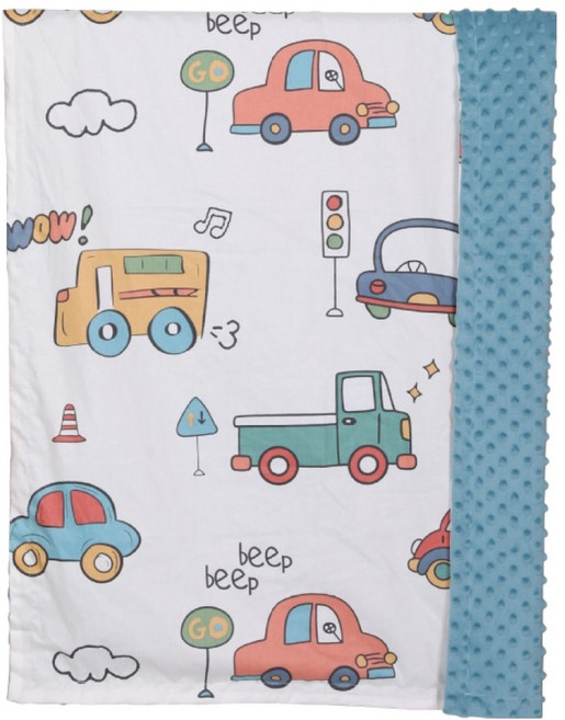 OhBabyLying 讓寶寶躺躺 秋冬夾棉純棉加絨款荳荳毯, 藍綠底車車