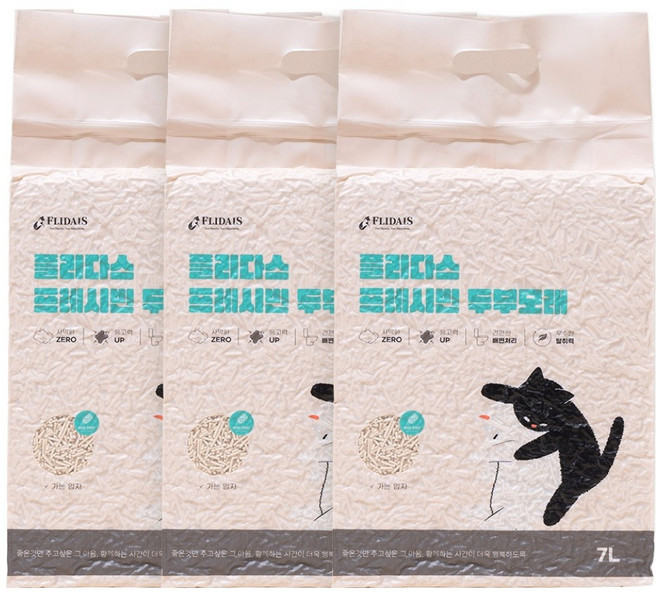 플리다스 고양이 프레시빈 가는입자 두부모래, 베이비파우더, 3개, 7L
