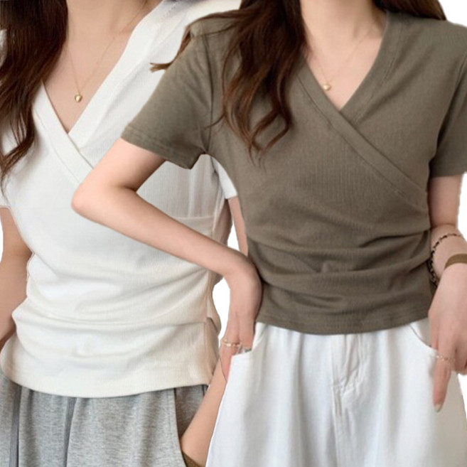 구디프 여성용 슬림 랩스타일 브이넥 부드럽게 감기는 티셔츠 2p