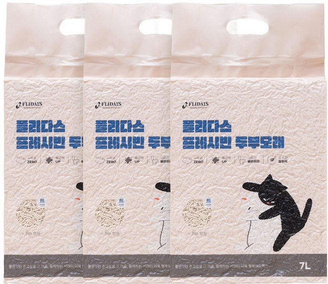 플리다스 고양이 프레시빈 가는입자 두부모래, 3개, 7L, 오리지널