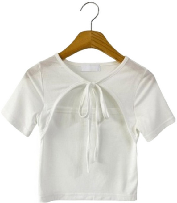 시크블랙 여성용 아바라 리본 스트랩 볼레로 레이어드 크롭 반팔티 cpt16738k55