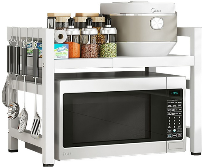 엠디유마켓 프리미엄 높이 너비 조절 전자레인지 2단 선반 + 후크걸이 6p 세트, 화이트, 1개