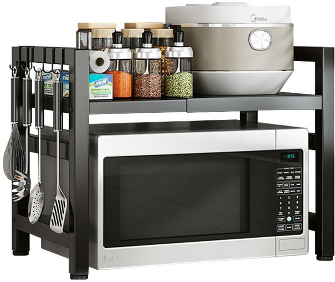 엠디유마켓 프리미엄 높이 너비 조절 전자레인지 2단 선반 + 후크걸이 6p 세트, 블랙, 1개