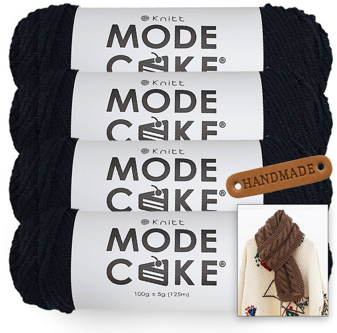 니뜨 모드케이크 뜨개실 100g x 4p + 뉴 로이드 롱 머플러 도안 + 라운드 엣지 라벨 세트, 1개, 24_블랙
