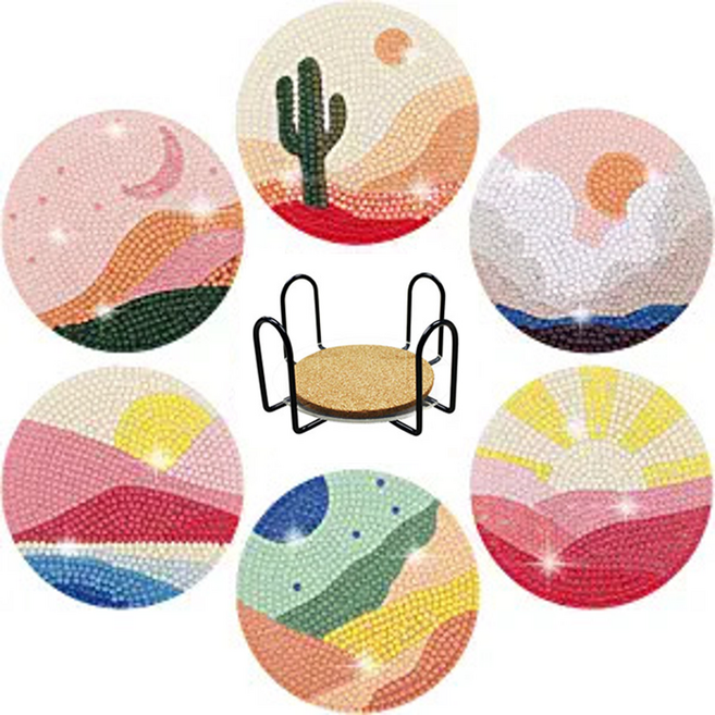 탑피아 집중력 향상 DIY 보석십자수 코스터 6p + 철제선반 세트, CM057, 1세트