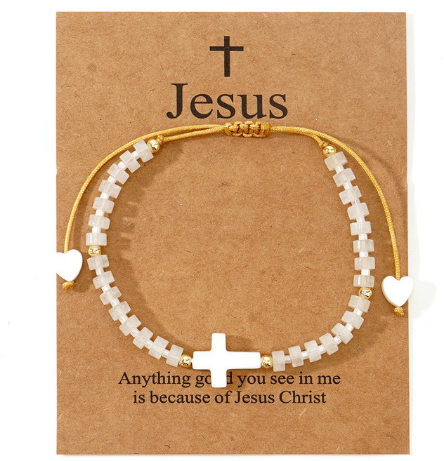 리빙포켓 여성용 십자가 묵주 팔찌, 백옥, 1개