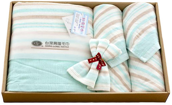 SHING LONG TEXTILE 台灣興隆毛巾 麥克紗布毛巾禮盒 浴巾 + 手帕巾 + 毛巾 2條, 綠色, 1盒