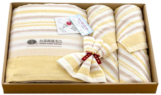 SHING LONG TEXTILE 台灣興隆毛巾 麥克紗布毛巾禮盒 浴巾 + 手帕巾 + 毛巾 2條, 黃色, 1盒