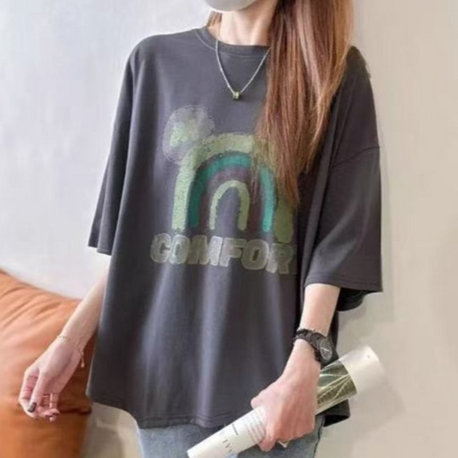 Goodif 女款彩虹寬鬆版型微短版設計短袖T恤