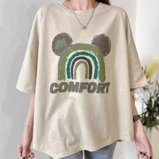 Goodif 女款彩虹箱型寬鬆半露臍設計短袖T恤