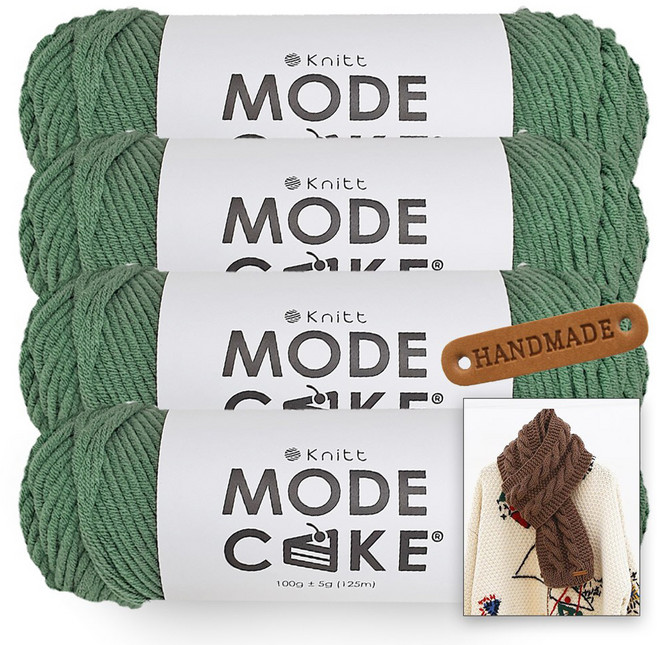 니뜨 모드케이크 뜨개실 100g x 4p + 뉴 로이드 롱 머플러 도안 + 라운드 엣지 라벨 세트, 1개, 16_풀색