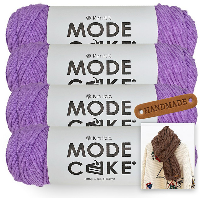 니뜨 모드케이크 뜨개실 100g x 4p + 뉴 로이드 롱 머플러 도안 + 라운드 엣지 라벨 세트, 1세트, 28 바이올렛